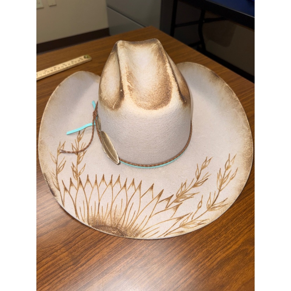 Cavender's 3X Felt Cowboy Hat Custom Wood Burned Sunflower Wheat Sand Size 7 1/8